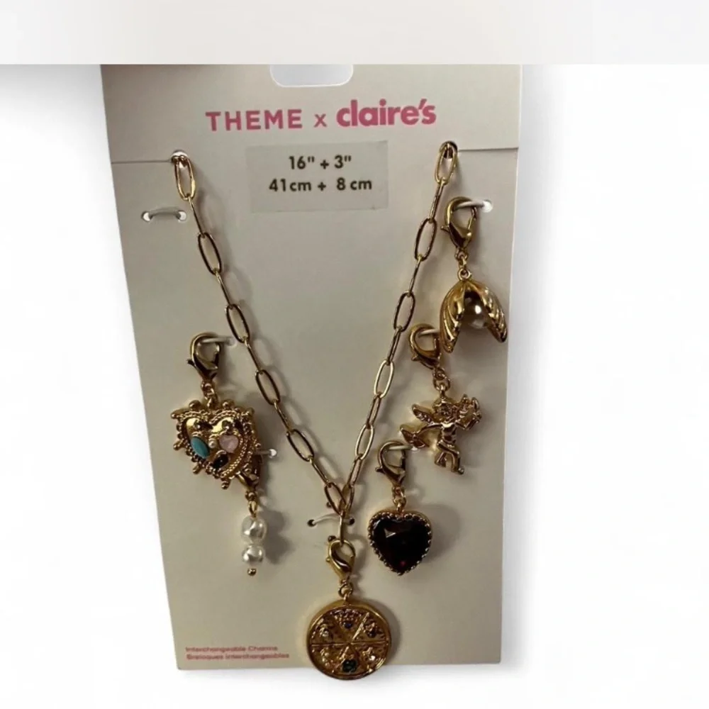 Claire's Gold Charm Necklace with Heart and Pearl Accents